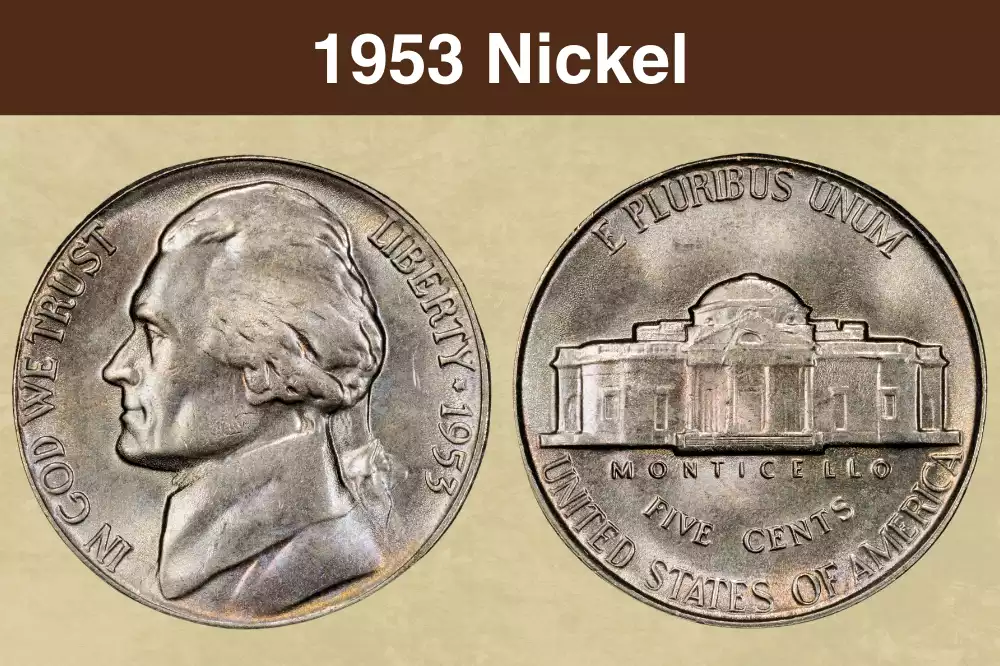 1953 Jefferson nickel obverse and reverse showing Felix Schlag portrait and Monticello design