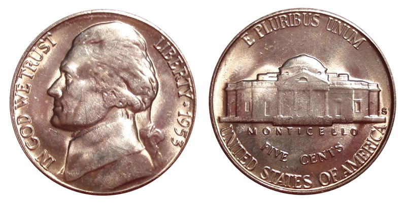 1953-S nickel comparison: standard example with flat steps (left) vs Full Steps designated example with clear defined step separation (right)