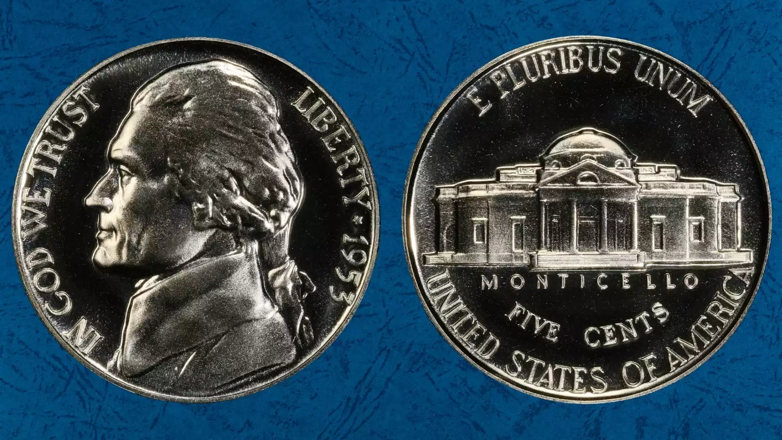 1953 Proof Jefferson nickel Deep Cameo showing frosted white devices contrasting against deep black mirror fields