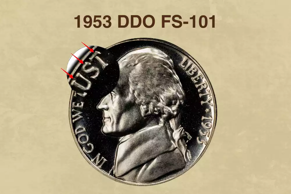 1953 Doubled Die Obverse (DDO FS-101) Jefferson nickel showing doubling on IN GOD WE TRUST and LIBERTY inscriptions
