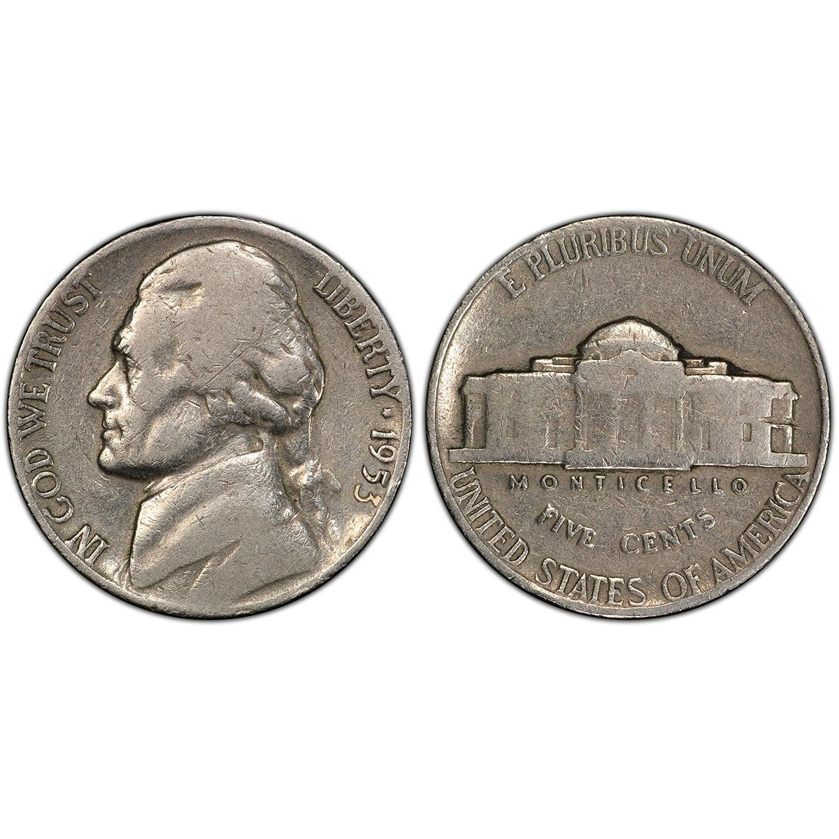 1953 Jefferson nickel group showing Philadelphia, Denver, and San Francisco mint mark examples side by side